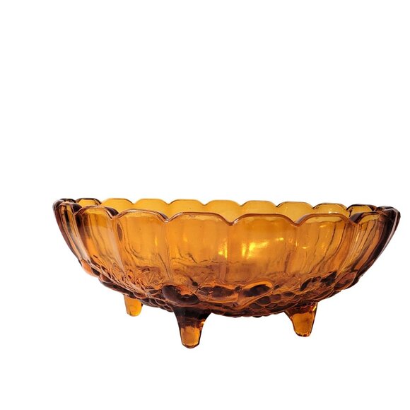 Indiana Glass Fruit Harvest Grape Amber Footed Oval Bowl Amber Fall 12'' USA - Picture 7 of 7